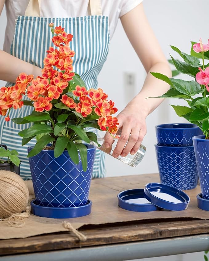 Ceramic Plant Pots –5 inch Indoor Flower Pot with Drainage Hole and Ceramic Tray - Gardening Home Desktop Office Windowsill Decoration Gift, Set of 4-Plants NOT Included(Blue)
