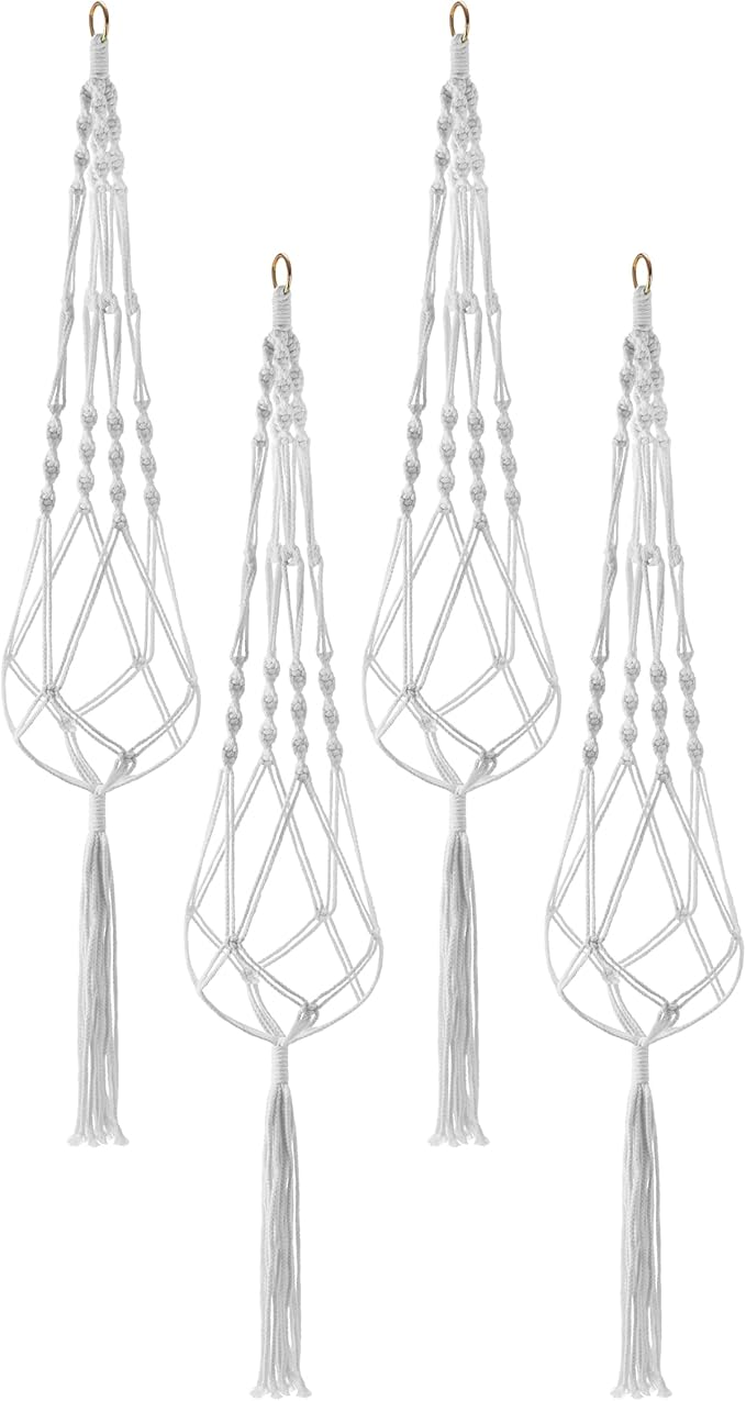 Sorbus Macrame Plant Hanger [4 Pack] Indoor Outdoor Hanging Plant Pots Cotton Rope, Elegant for Home, Patio, Garden White