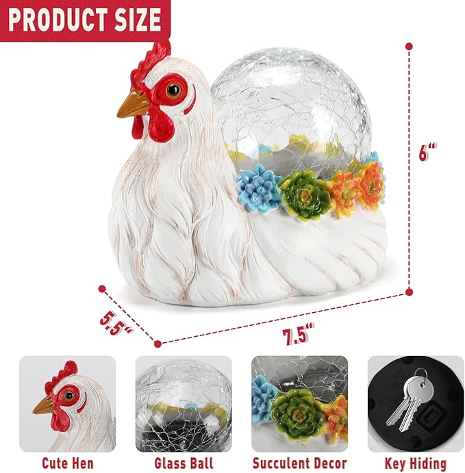 Solar Chicken Garden Statue Lights for Outdoor Decor with Cracked Glass LED Rooster Figurine Lighting Resin Succulent Hen Decorations for Patio Lawn Yard Home Housewarming Mom Wowen Gifts
