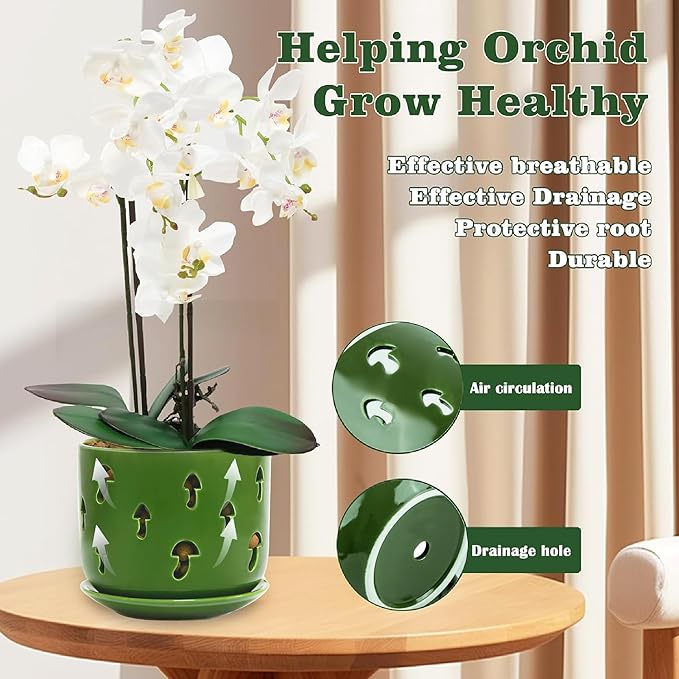 KERUITA Orchid Pots with Holes, 6 inch + 5 inch Orchid Planters with Dancing Mushroom Shaped Holes, Enhanced Drainage and Ventilation,Green Flower Pots for Indoor/Outdoor Plants for Repotting