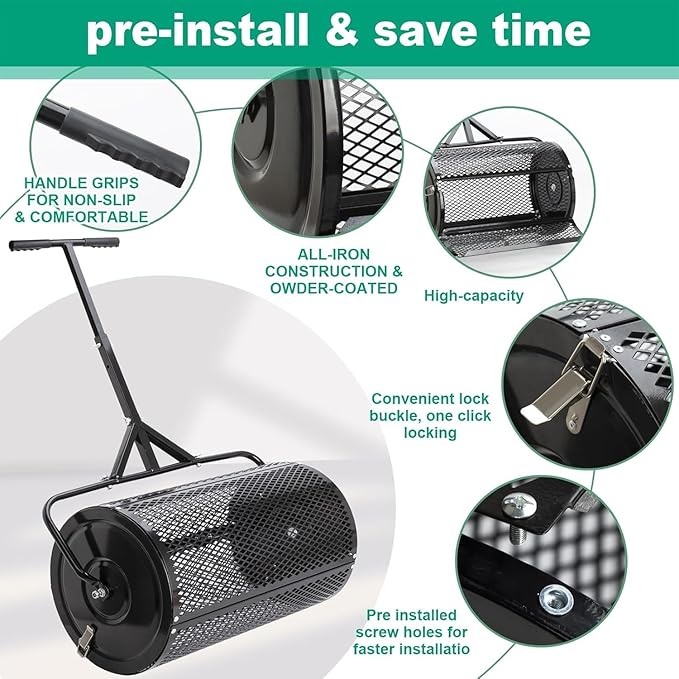 Compost Spreader, Durable Lawn Roller, Manure Spreader with Upgrade T Shaped Handle,Top Soil Spreader for Lawn and Garden Care Manure Spreaders Roller (T-Black-L)