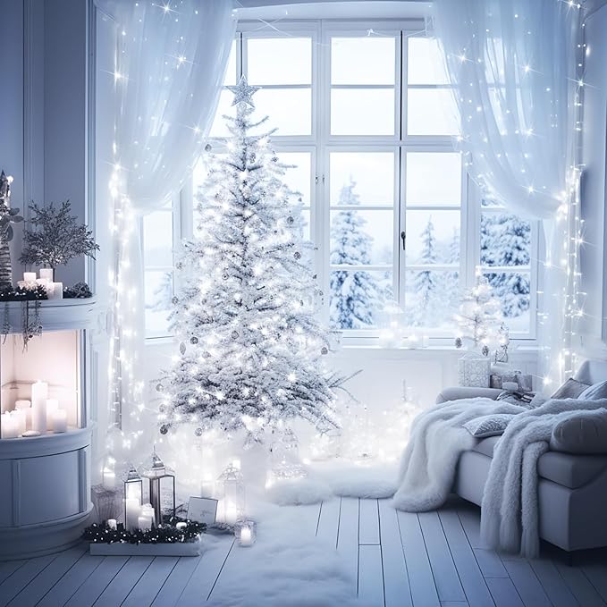 JMEXSUSS 66ft 200 LED White Christmas Lights Indoor Bedroom, Connectable White String Lights Outdoor Clear Wire, 8 Modes Twinkle String Lights Plug in for Room Tree Wedding Christmas Decoration