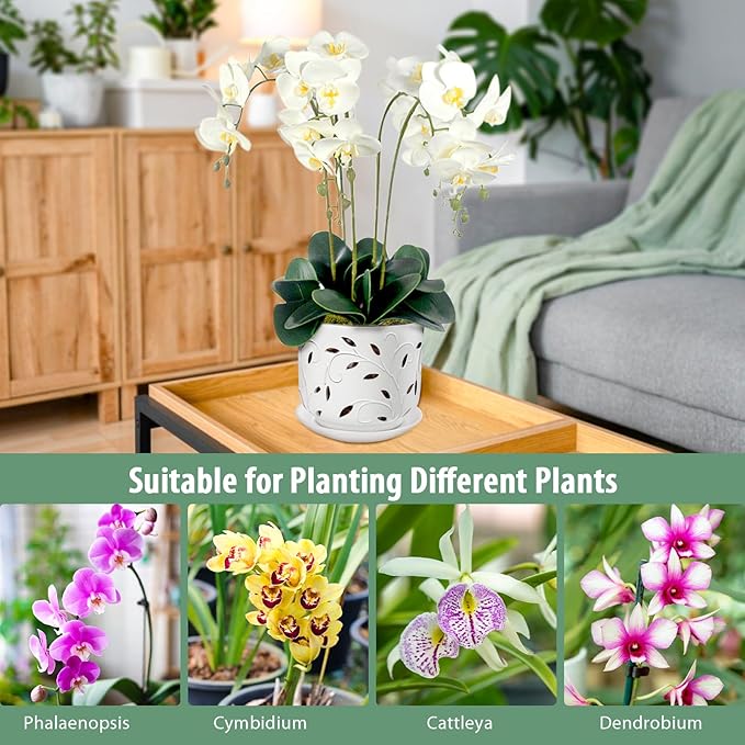 EFISPSS Orchid Pots with Holes, 7 Inch Orchid Pots with Drainage Holes and Tray, Indoor or Outdoor Ceramic Flower Pot for Orchid Care, Promoting Air Circulation and Drainage Plant Pot - White