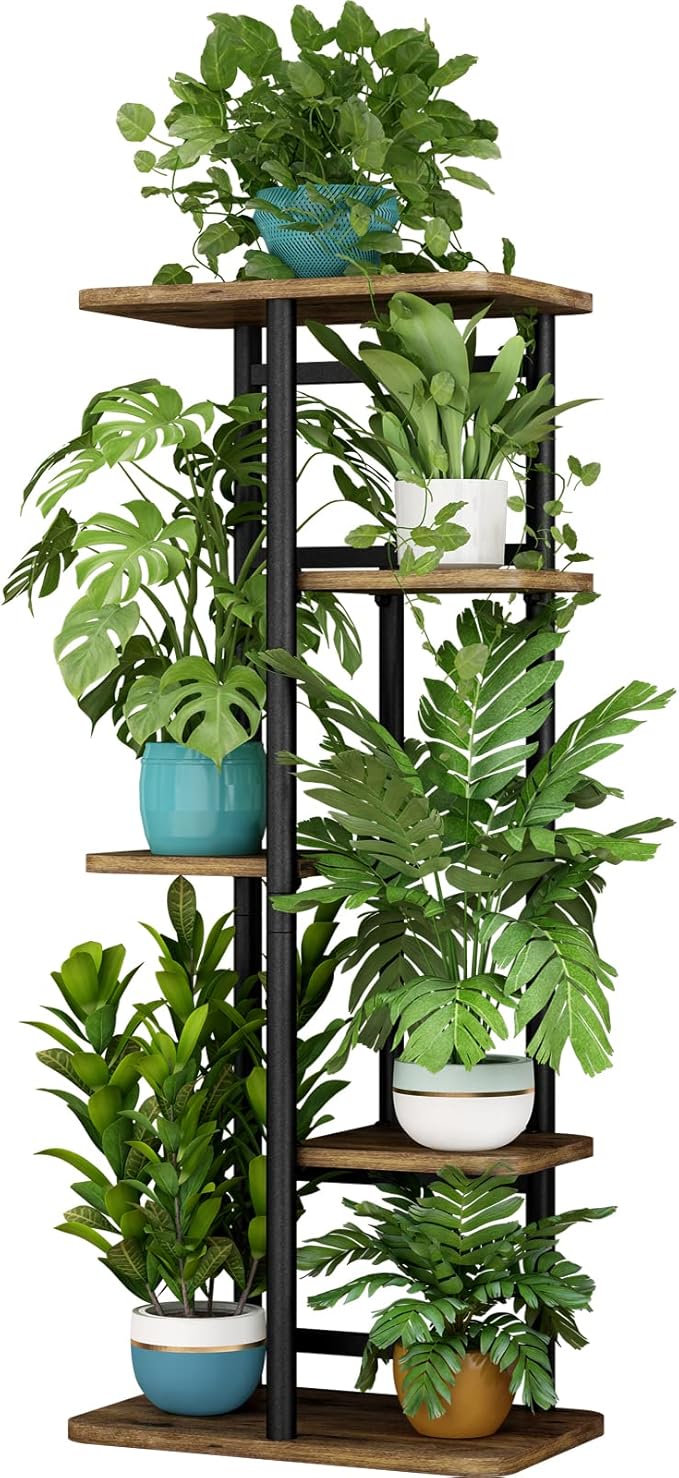 LINZINAR Plant Stand 5 Tier 6 Plant Multiple Flower Rack Holder Shelves Rack Storage Organizer Display Indoor Planter for Balcony Bedroom Patio Garden Living Room, Black
