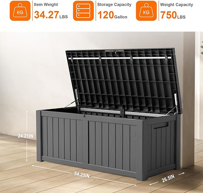 120 Gallon Outdoor Storage Box – Waterproof Deck Box for Patio & Garden,Black