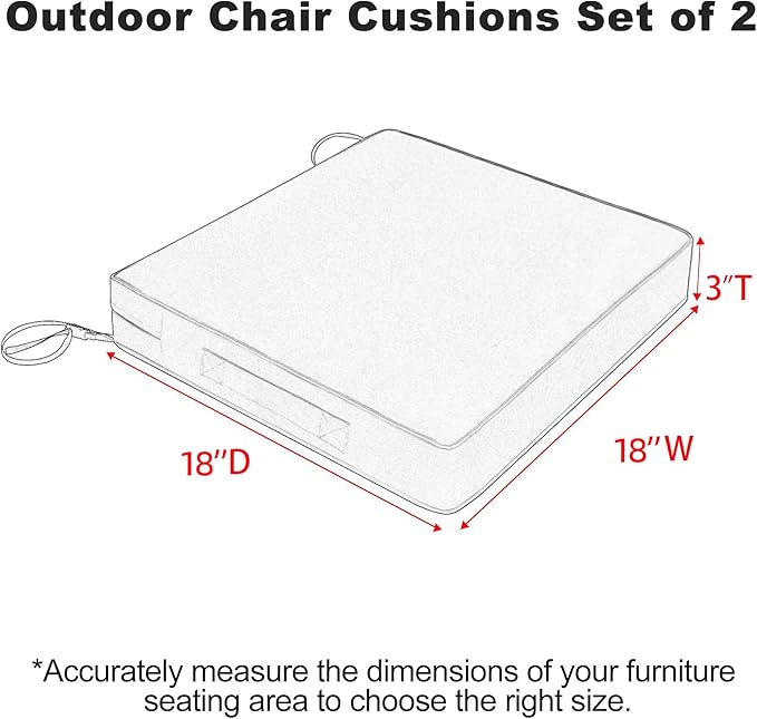 Favoyard Patio Chair Cushions 18 x 18 x 3 Inch Waterproof Outdoor Seat Cushions for Patio Furniture 3-Year Color Fastness Garden Sofa Couch Chair Pads with Handle & Adjustable Straps Set of 2, Grey