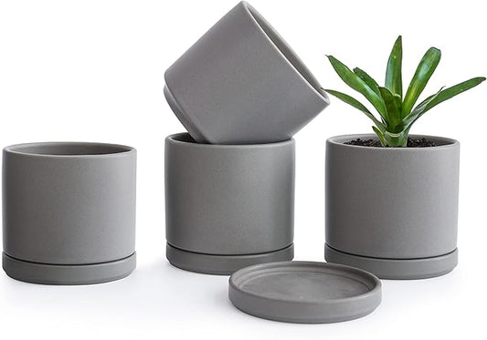 D'vine Dev Set of 4 Small Ceramic Plant Pots, 4.6 Inch Succulent Planter Pot for Plants with Drainage Hole and Saucer, Grey, 94-X-B-3