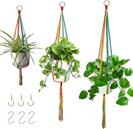 Rainbow Macrame Plant Hangers Indoor Outdoor, 3 Pack Different Size Flower Pot Holder Hanging Plant Holder for Windows Garden Boho Home Decor