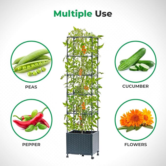 Raised Garden Bed with Tomato Planter Cage, 67.6" Trellis Planter Boxes with Wheels for Outdoor Patio Greenhouse Gardening Climbing Vegetables