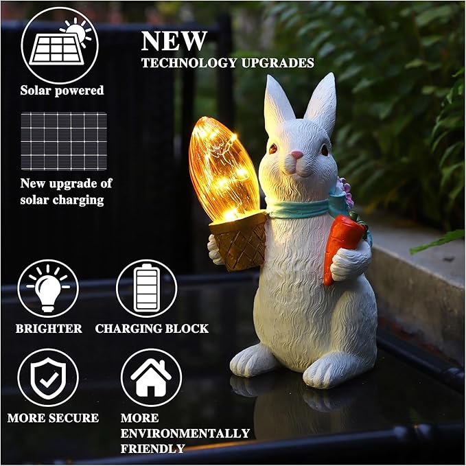 Garden Statues Rabbit with Solar Lights-Easter Bunny Outdoor Decor for Lawn,Balcony-Yard Garden&Patio Decor-Unique Gift for Mom Grandma,Unique Housewarming Gifts and Rabbit Yard Decoration