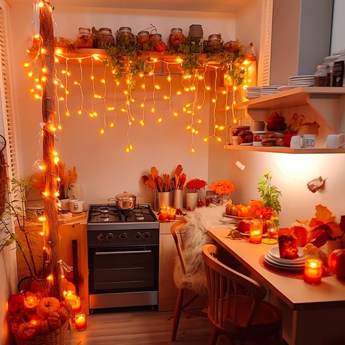 JMEXSUSS Orange Lights for Thanksgiving, 400 LED Orange Icicle Lights Outdoor, 8 Modes Orange Lights with 80 Drops Thanksgiving String Lights Plug in for Fireplace Indoor House Roof Outdoor Holiday