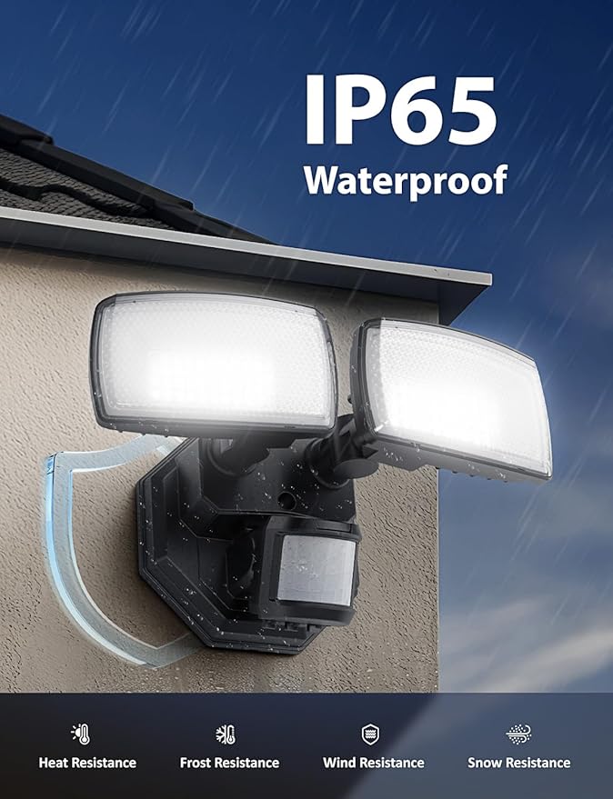 Onforu 32W 2 Head Motion Sensor Outdoor Lights, 3200LM 6500K LED Security Light, Dusk to Dawn, Motion Detector Light for Outside, IP65 Waterproof Flood Lights for Garage, Yard(Black)