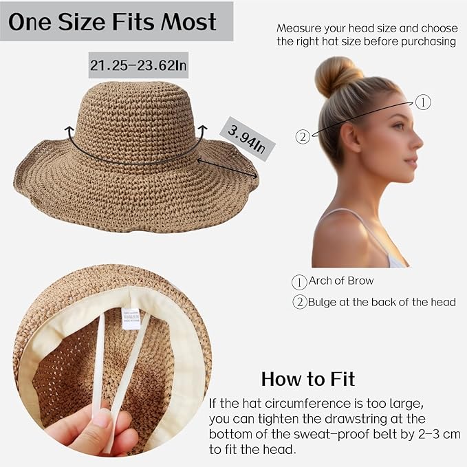 Womens Straw Beach Sun Hats, Foldable Packable Floppy Handmade Crochet Hats for Women,Large Summer Vacation Wide Brim Hat