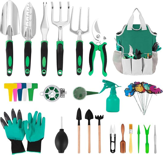 Garden Tool Set, Including 9 Succulent Tool Sets, 6 Large Heavy-Duty Aluminum Gardening Tools, with Gardening Tool Kit, Gloves, Watering Can, Fixing Line and Color Label，is Your Best Helper