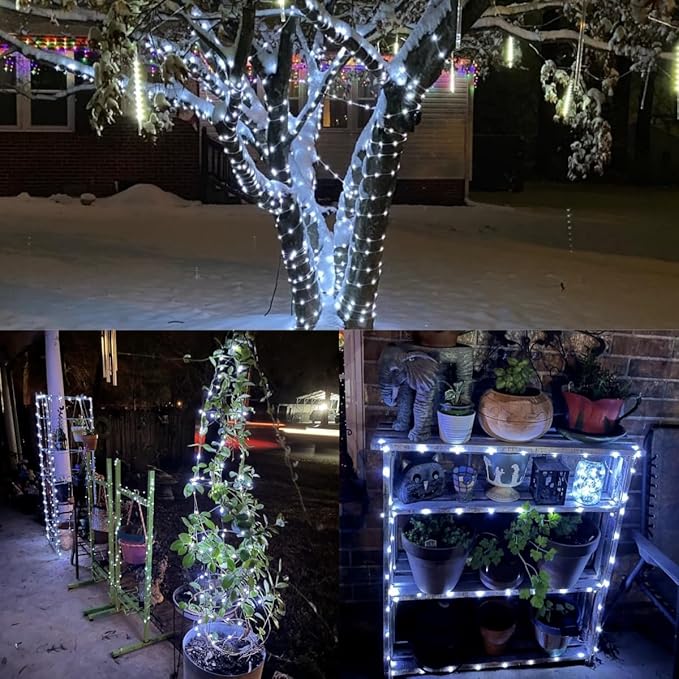 YEGUO White Solar Fairy Lights Outdoor Waterproof, 4 Pack Each 33ft 100 LED String Light, 8 Modes Silver Wire Twinkle Lights