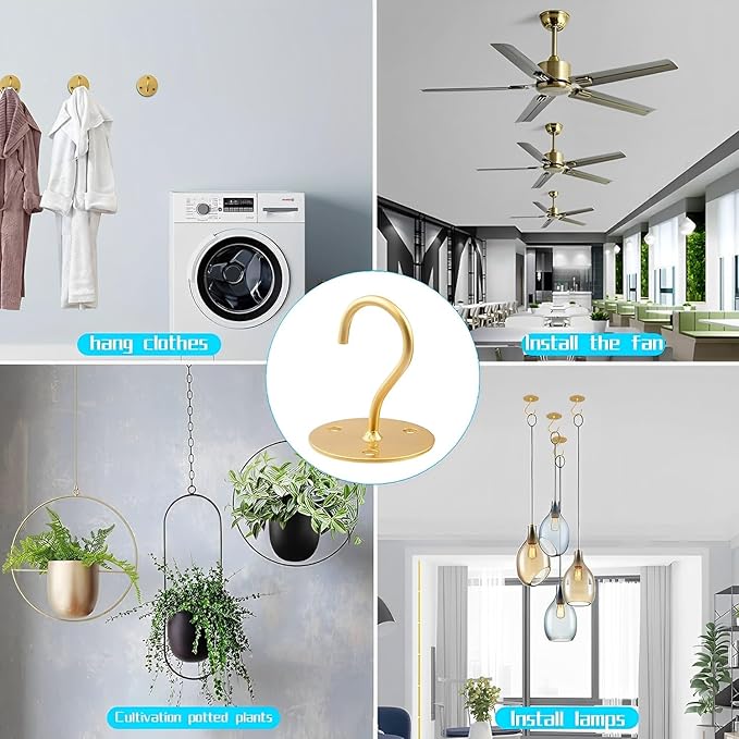 Ceiling Hooks for Hanging Plants-Metal Heavy Duty Wall Mounted Hangers for Hanging Bird Feeders, Planters, Wind Chimes, Include Professional Drywall Anchors (3-Pack) (Gold)