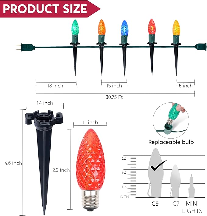 JOIEDOMI 30.75FT C9 Christmas Pathway Strawberry Stake Lights 24 LED, Multicolor Outdoor Faceted Walkway Decor with Marker Connectable for Holiday Xmas Yard Garden Lawn