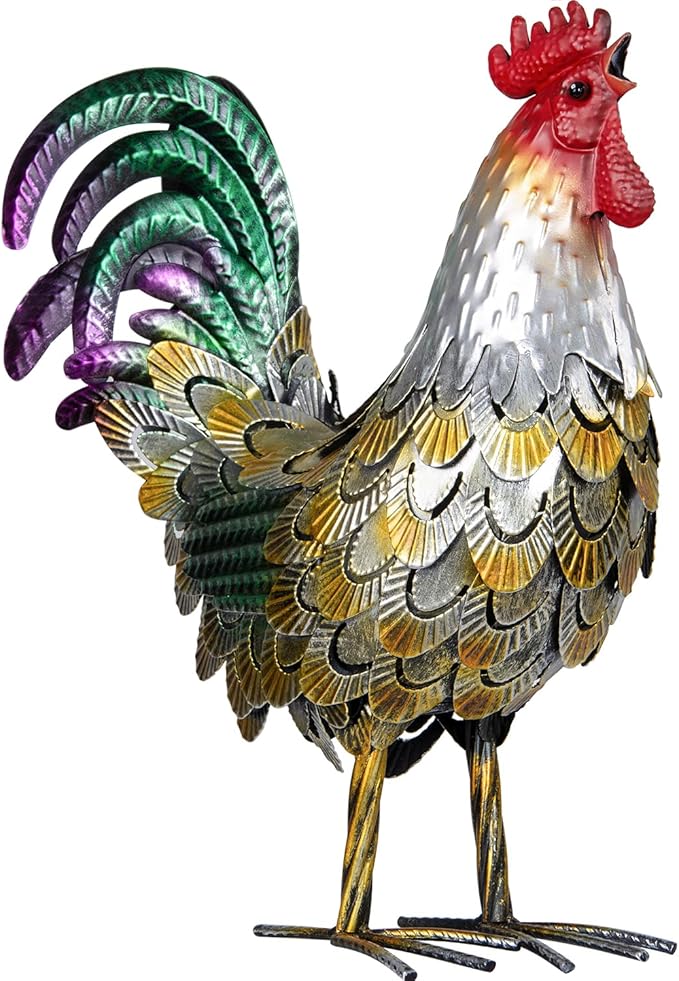 XONOR Metal Rooster Statues, Garden Chicken Decorations, Outdoor Chicken Sculpture, Metal Yard Rooster Artwork for Outdoor, Patio, Backyard and Home Kitchen Decoration (1pc, Vintage Golden)