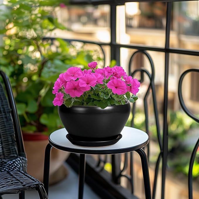 Plant Pot Large 9 Inch - Ceramic Pots for Plants with Drainage Hole and Saucer Round Planter for Indoor Plants Decorative Outdoor Flower Pot Large for House Balcony Black