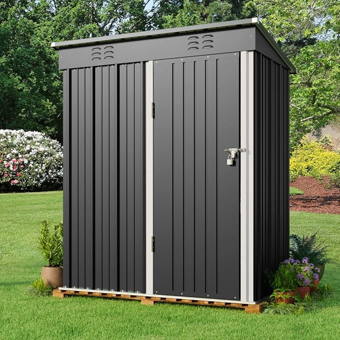 Gizoon 5 'x 3'Outdoor Storage Shed with Singe Lockable Door,Galvanized Metal Shed with Air Vent Suitable for The Garden,Tiny House Storage Sheds Outdoor for Backyard Patio Lawn-Dark Gray