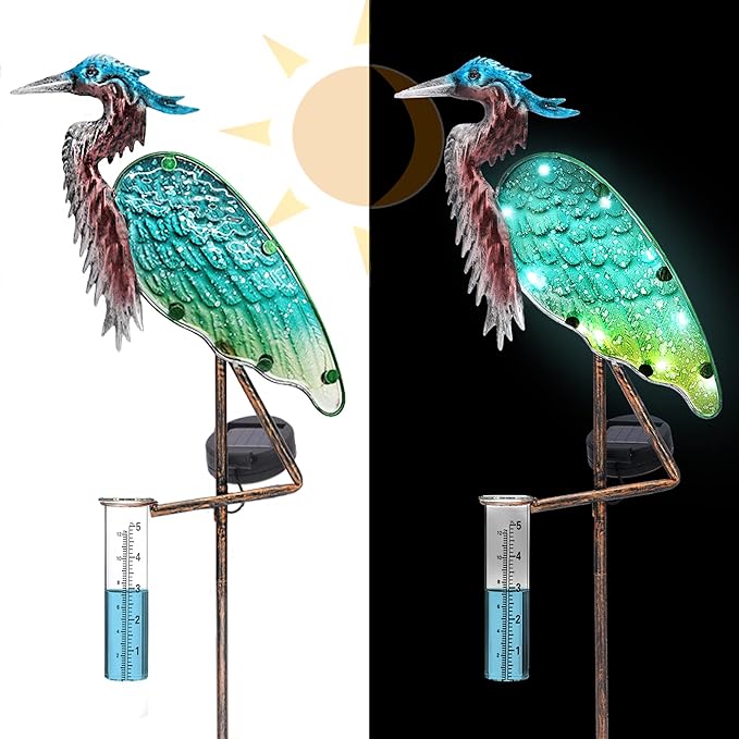 Heron Rain Gauge Solar Stake Outdoor, 43’’ Solar Rain Gauge LED Lights with Rainfall Gauge for Garden, Yard, Lawn, Pathway, Patio