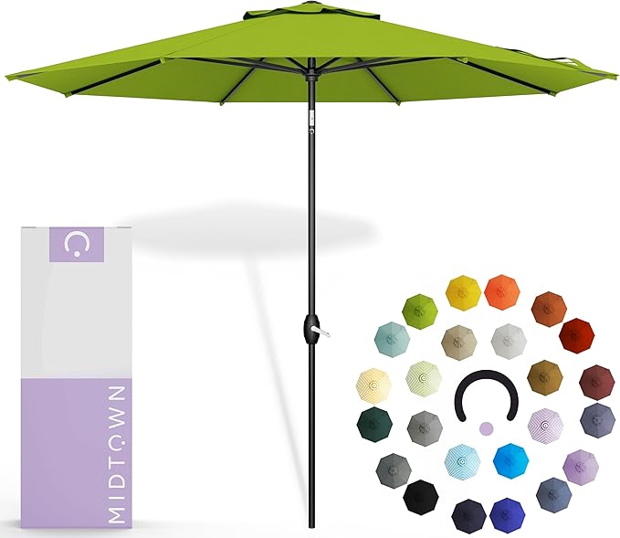 Midtown Umbrellas 10-Year-No-Fade - 9 Ft - UV Proof Pear Green Polyester Fabric - Umbrella Outdoor Patio, Auto-Tilt Aluminum Frame Patio Umbrella for Garden, Pool & Deck - Black Pole
