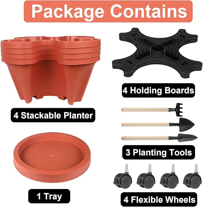 Vertical Planter 4 Tier Stackable Planters Garden Planters Strawberry Herb Flower and Vegetable Planter Indoor Outdoor Gardening Pots with Removable Wheels and Tools