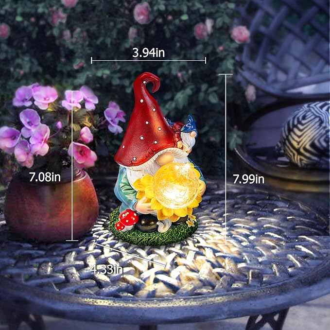 Solar Garden Decor Gnome Statues with Sunflower and Crackle Glass Globe Lights Gnome Outdoor Decorations for Garden Yard Patio Lawn, Unique Housewarming Gifts