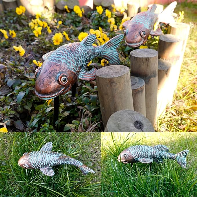 Garden Statues, Koi Fish Decor, Set of 2 Antique Koi Fish Garden Statue,Fish Sculpture Garden for Outdoors, Patio Decor, Backyard and Home Kitchen Decoration