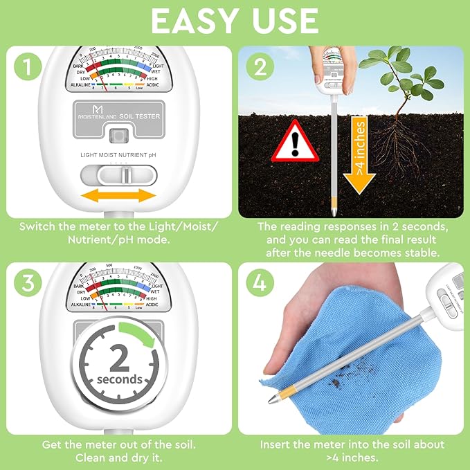 [Upgraded] Soil Moisture Meter, 4-in-1 Soil pH Tester, Moisture/Light/Nutrients/pH Meter for Gardening, Lawn, Farming, Indoor & Outdoor Plants Use, No Batteries Required, Gifts for Plants Lover