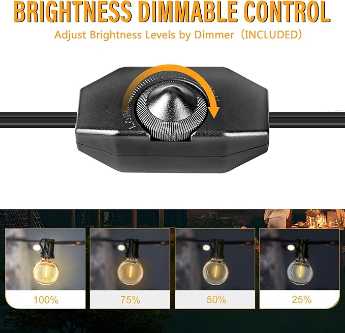 Outdoor String Lights with Dimmer, 2 Pack 35.5FT LED Patio Lights for Outside with 15+1 Shatterproof G40 Globe Bulbs UL Listed IP65 Waterproof Hanging Lighting for Backyard Balcony Bistro Party Decor