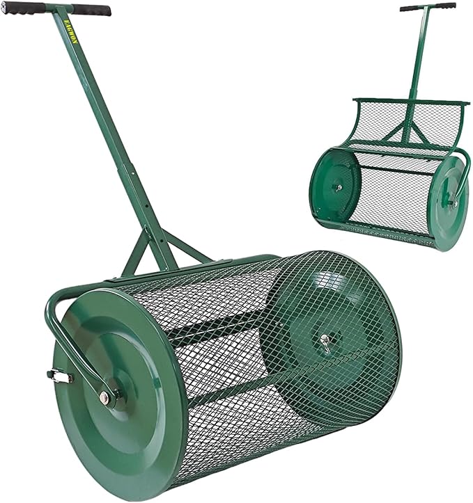 Compost Spreader, 24" Peat Moss Spreader, Roller Lawn Spreader with 3 Heights T Shaped Handle, Side Latches Powder Coated Steel Mesh Basket, Lawn & Garden Spreader for Spreading Manure Topsoil, Green