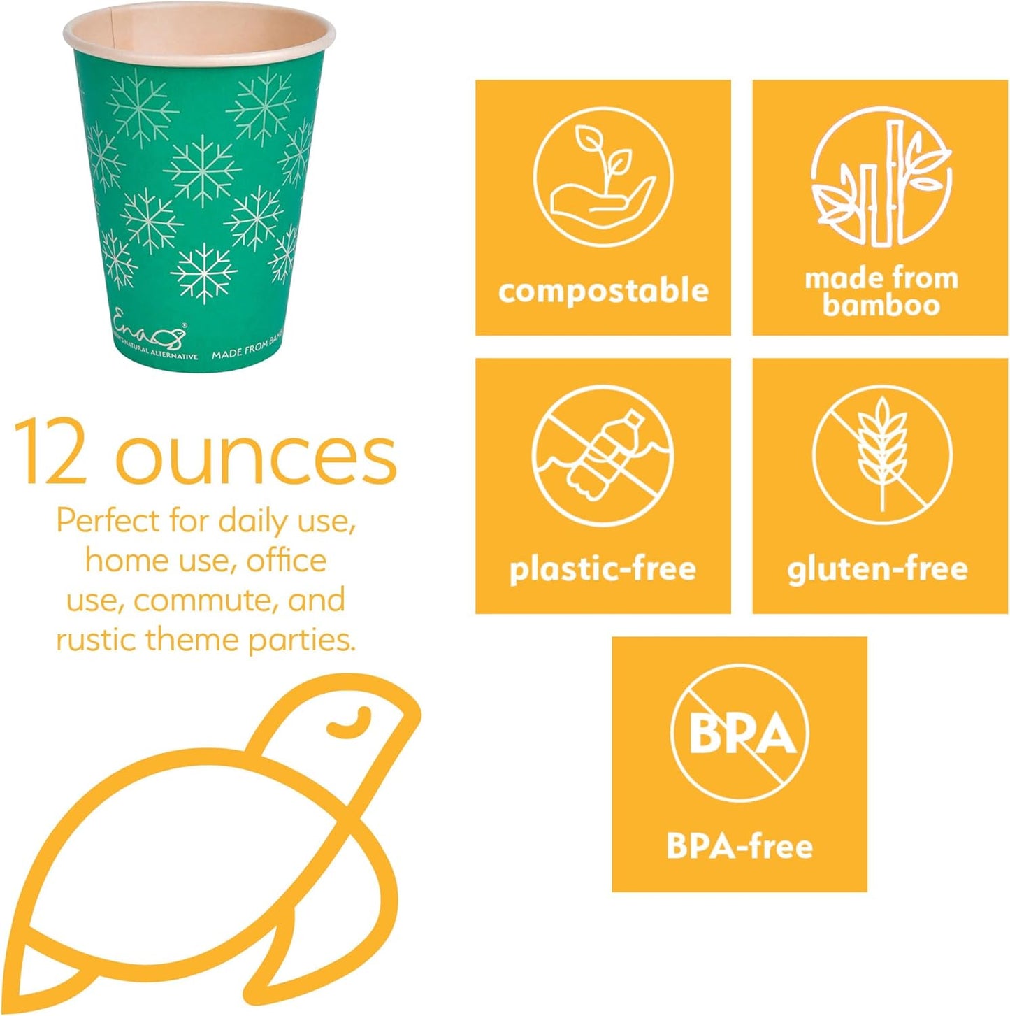 100% Compostable Disposable Coffee Cups [12oz 80 Pack, Winter Green] Paper Cups Made from Unbleached Bamboo Fiber, To Go Coffee Cups by Earth's Natural Alternative