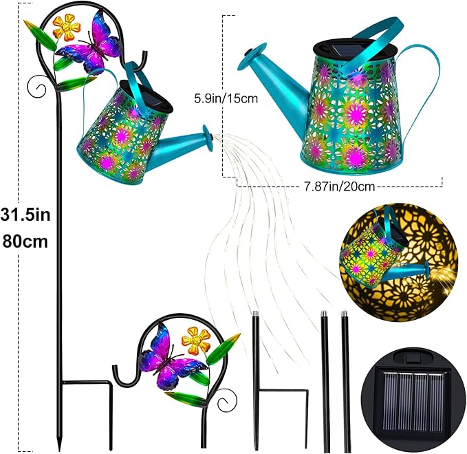 Solar Watering Can with Lights, Waterproof Solar Lantern with Butterfly Shepherd Hook, Hanging Garden Lights for Patio Yard Lawn Porch Outdoor Decoration, Unique Garden Gifts for Women