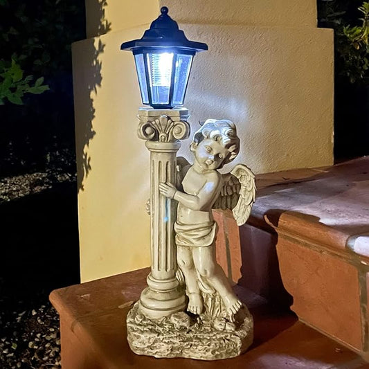 Angel Statue with Solar Lights (Right) 19.7 Inch, Outdoor Solar Angel Garden Statue with Roma Pillar for Garden Lawn Deocr, Christian Religious Gift