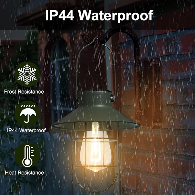 pearlstar Solar Lanterns Outdoor Metal Solar Powered Hanging Lights Waterproof for Wall Barn Yard Garden Patio Garage Balcony Porch Fence Decor, Warm White Edison Bulb (Green-2pack)