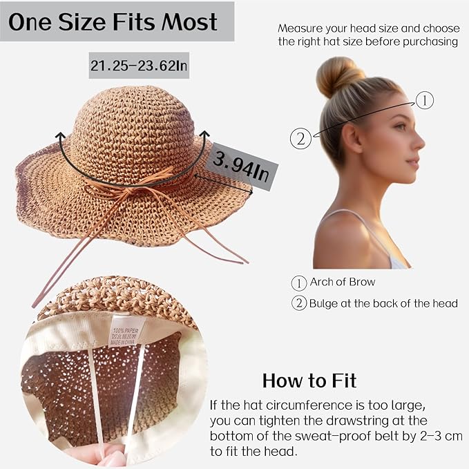 Womens Straw Beach Sun Hats, Foldable Packable Floppy Handmade Crochet Hats for Women,Large Summer Vacation Wide Brim Hat