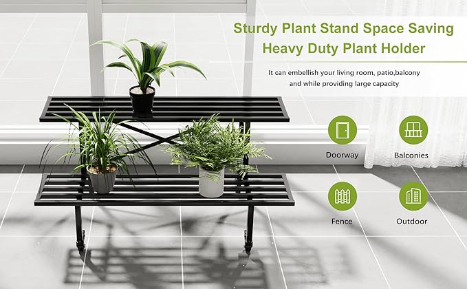 Zhongma 2 Tier Sturdy Metal Plant Stand with Wheels, L35.43 x W17.5 x H16.14 inch, Heavy Duty Plant Holder for Home Indoor and Outdoor,440 LBS Capacity & Heavy Duty Construction