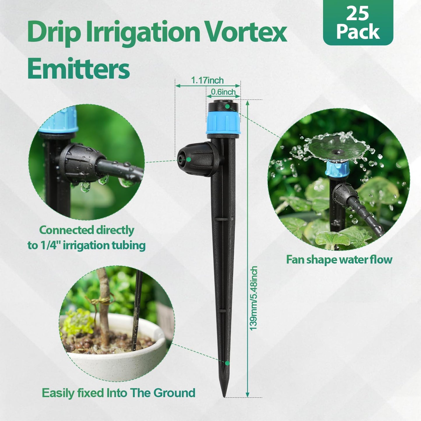 25 Pieces Drip Emitters for 1/4" Drip Irrigation Tubing, Adjustable 360 Degree Vortex Drip Emitters with Stake 360° Full Circle Umbrella Shape Pattern Garden Irrigation Micro Drippers