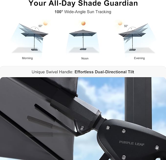 PURPLE LEAF 8.2' X 11.5' Tilting Patio Umbrella with Base Outdoor Cantilever Swivel Rectangle Umbrella Offset Umbrella with 360-degree Rotation for Garden Deck Pool Patio Light Grey