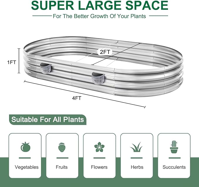 Land Guard Galvanized Raised Garden Beds Outdoor with 2 Magnetic Solar-Powered Lights(Grey), Metal Planter Raised Beds, 4×2×1Ft Metal Raised Garden Beds for Gardening, Vegetables, Flowers