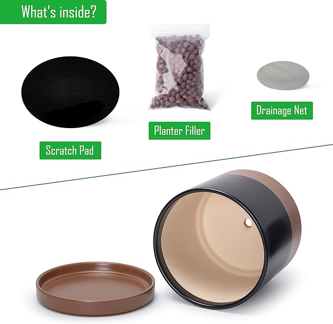 D'vine Dev 12 Inch Ceramic Planter Pot with Drainage Hole and Saucer, Indoor Cylinder Round Planter Pot, Black/Speckled Tan, 94-O-F-7