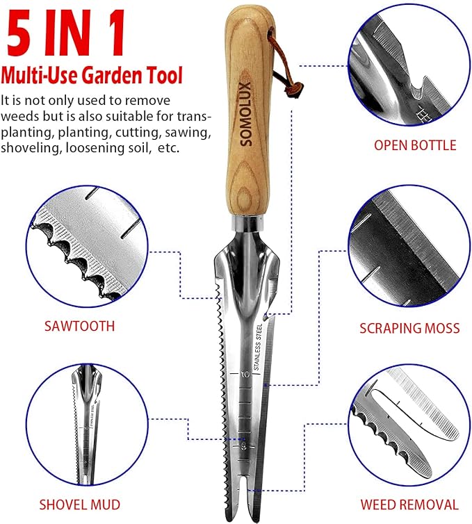 SOMOLUX Gardening Hand Weeder Tool Set, Multifunctional Garden Tools Stainless Steel with Wooden Handle for Garden Lawn Yard Planting Digging Measuring Pruning Cutting 2 Pack