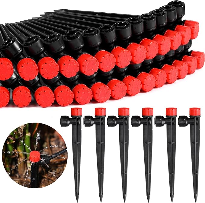100 Pcs Drip Irrigation Emitters for 1/4'' Irrigation Tubing Adjustable Water Flow Drip Emitters with Stake Drip Irrigation System Irrigation Drippers with 360 Degree Sprayer for Garden Patio