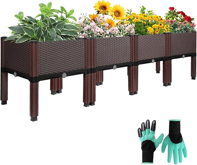 Emalie Raised Garden Beds Elevated Plastic Planter Box with Drainage Plugs Perfect for Vegetables Flowers Herbs Growing Outdoor, 63.0" Lx15.7 Wx16.5 H Brown