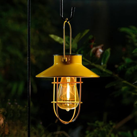 Solar Lights Lantern Lamp with Shepherd Hook, Solar Metal lanterns, outdoor lights decor, Water resistant Edison Bulb Lights for Garden ,outside decor for pathways,patio, lawn, or landscaping (Yellow)