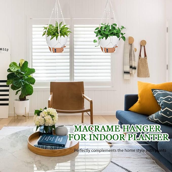 10 Inch Hanging Planters for Indoor Plants, 2 Pack Self Watering Hanging Baskets Flower Pots with Drainage Hole, Visual Reservoir & 2 Kinds of Plant Hanger for Outdoor Garden Home Decor