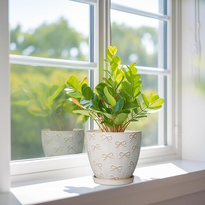 Ceramic Plant Pot 6.9 Inch - Ceramic Planter with Drainage Hole and Saucer Round Planter Flower Pot for Indoor Plants Outdoor Home Garden Office Decor White