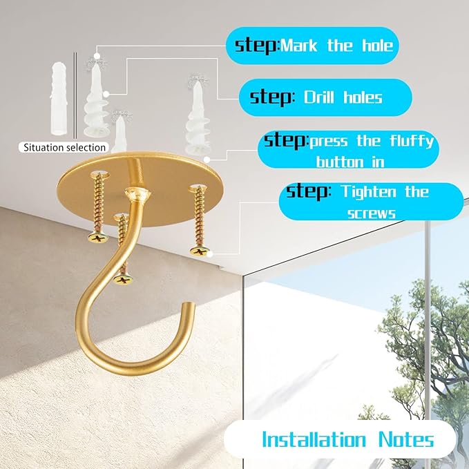 Ceiling Hooks for Hanging Plants- Metal Heavy Duty Wall Mounted Hangers for Hanging Bird Feeders, Planters, Wind Chimes, Include Professional Drywall Anchors (5 Pack) (Bright Gold)