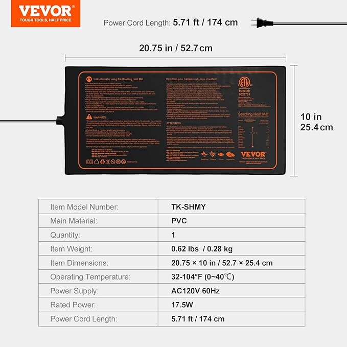 VEVOR 10"x 20.75" Seedling Heat Mat 1 Pack, MET-Certified, Waterproof, for Indoor Germination, Gardening, Hydroponics, Greenhouse Use